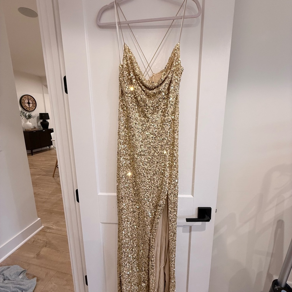 Gold Sequin Cowl Neck Evening Gown